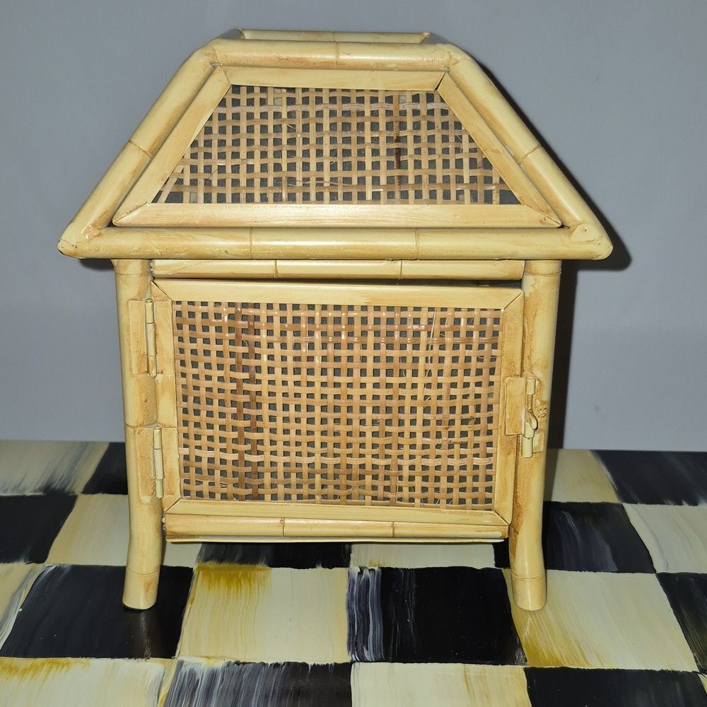 Vintage Metal Bamboo & Raffia MCM Tiki Hut Tea Light Holder Boho